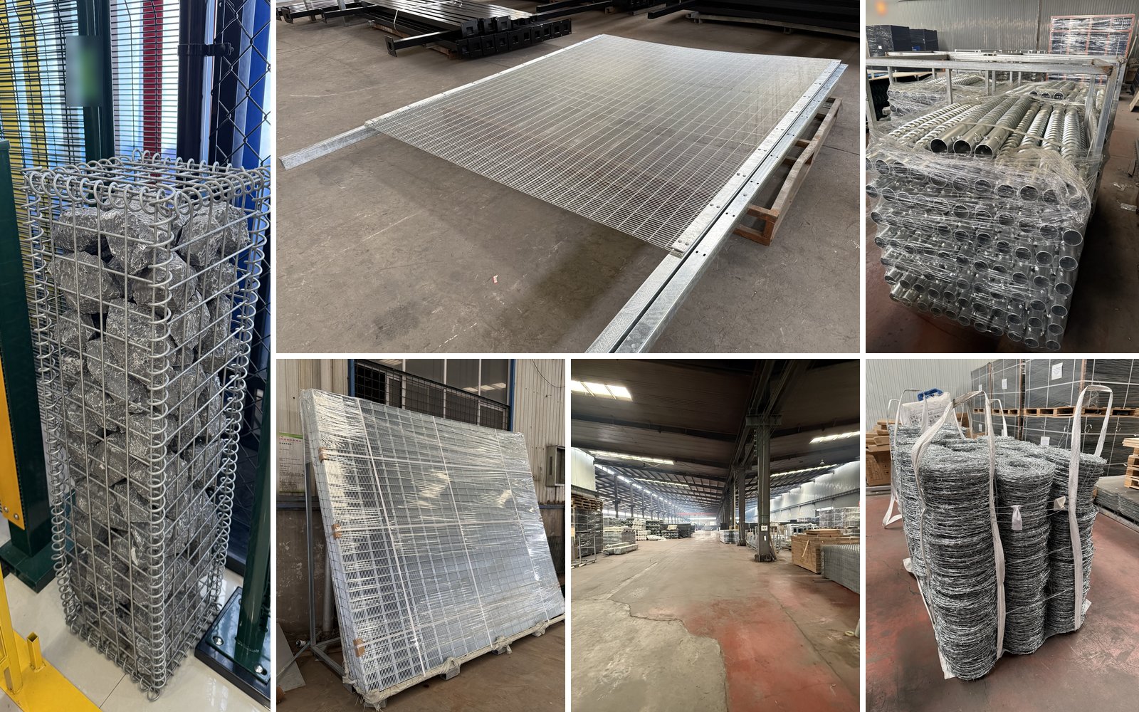 Welded mesh security fence panels, posts, ground screws and barbed wire at a manufacturing partner's factory